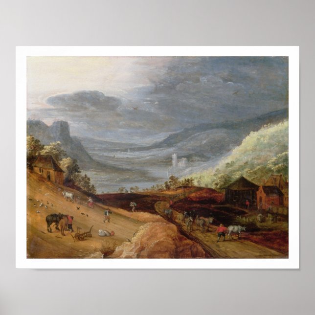 Landschaft mit einem Bauer Bridling Horses, a P Poster (Vorne)