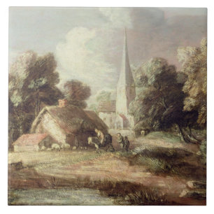 Landschaft mit einer Kirche, Hütte, Dorfbewohner Fliese