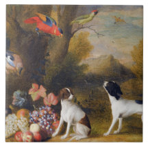 Landschaft mit exotischen Vögeln und zwei Hunden