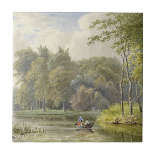 Landschaft mit Figuren in einem Ruderboot Vintage Fliese