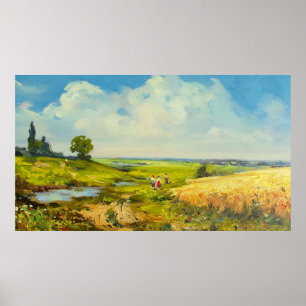 Landschaft mit Figuren von Menschen in der Nähe ei Poster