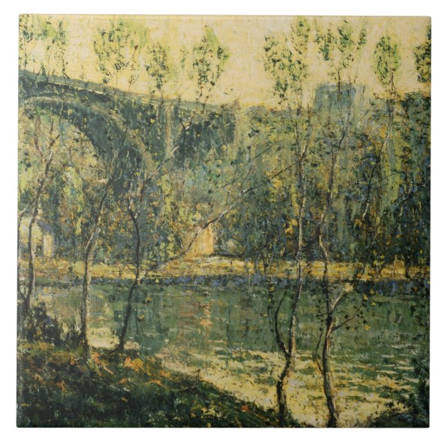 Landschaft mit Fluss und Brücke: Frühlingsvormitta Fliese (Vorderseite)