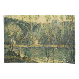 Landschaft mit Fluss und Brücke: Frühlingsvormitta Kissenbezug