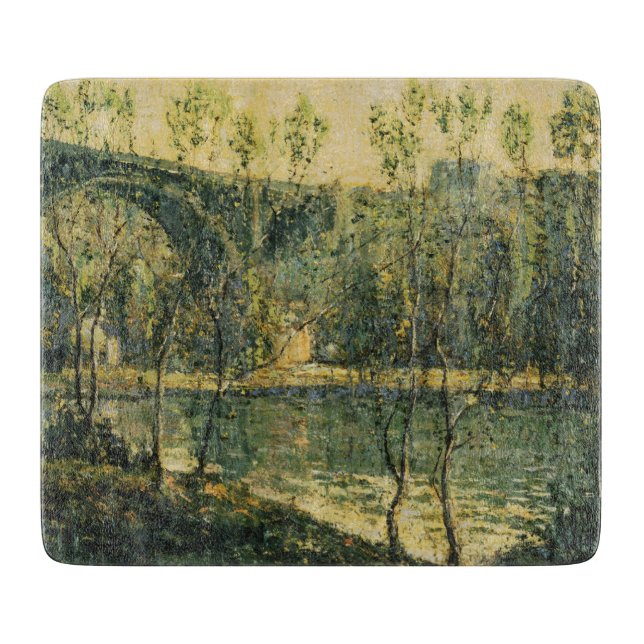 Landschaft mit Fluss und Brücke: Frühlingsvormitta Schneidebrett (Vorderseite)