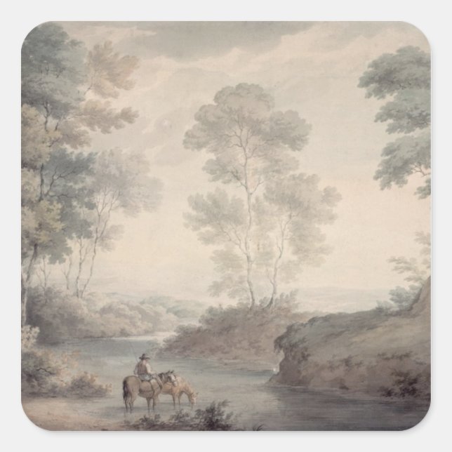 Landschaft mit Fluss und Pferden Wassersport Quadratischer Aufkleber (Vorderseite)