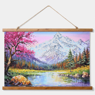 Landschaft mit Fluss und schneebedeckten Bergen Wandteppich Mit Holzrahmen