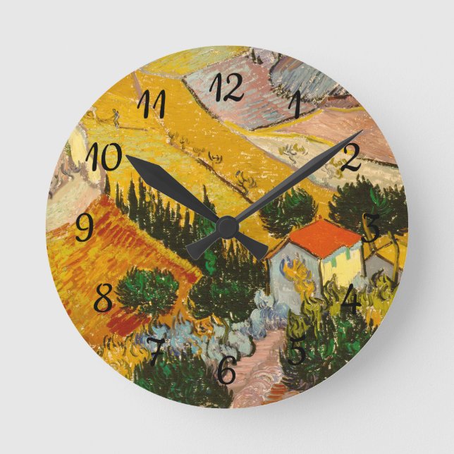 Landschaft mit Haus und PloughmaVincent van Gogh Runde Wanduhr (Vorderseite)