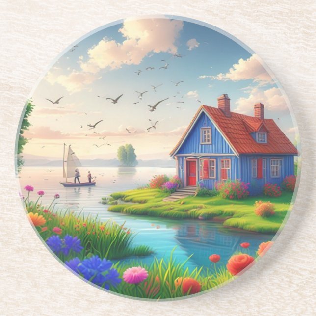 Landschaft mit Hütte und See,-434567 Getränkeuntersetzer (Vorne)