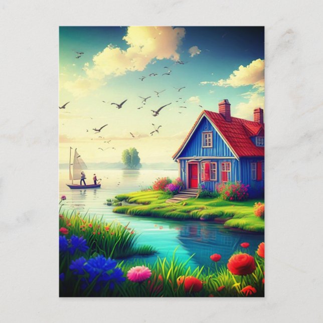 Landschaft mit Hütte und See-434567 Postkarte (Vorderseite)