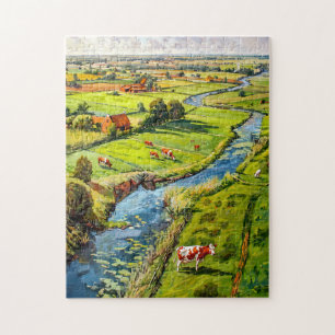 Landschaft mit Kühen und Bach Fantasy-Gemälde Puzzle