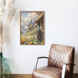 Landschaft mit Mädchen und Blume | Aquarell Leinwanddruck