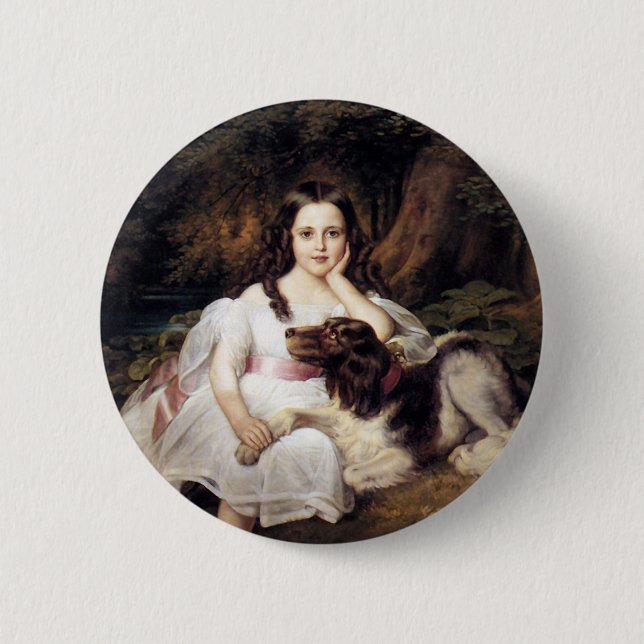 Landschaft mit Mädchen und Hund Button (Vorderseite)