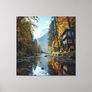 Landschaft mit malerischem Fluss und Wald mit rust Leinwanddruck