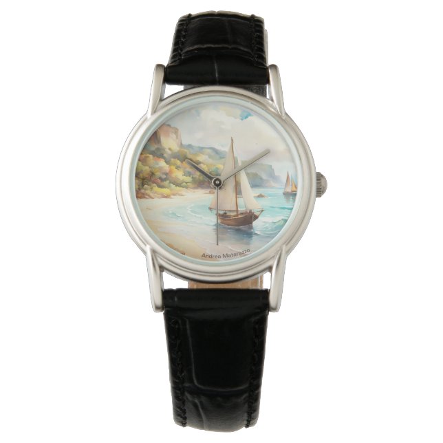 Landschaft mit Meer und Segelschiffen Armbanduhr (Vorderseite)