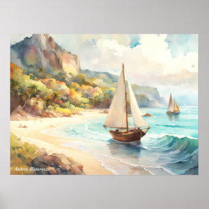 Landschaft mit Meer und Segelschiffen Poster
