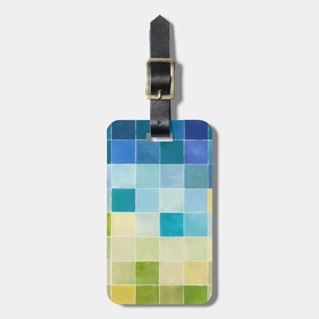 Landschaft mit mehrfarbigen, pixeligen Quadraten Gepäckanhänger (Vorderseite vertikal)