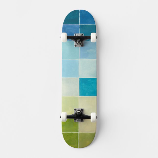 Landschaft mit mehrfarbigen, pixeligen Quadraten Skateboard (Vorderseite)