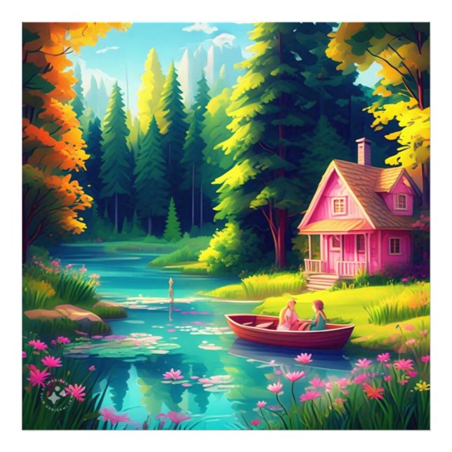 Landschaft mit rosa Hütte Fotodruck (Vorne)