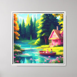 Landschaft mit rosa Hütte Leinwanddruck