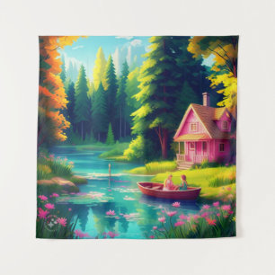 Landschaft mit rosa Hütte Wandteppich