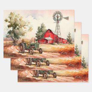 Landschaft mit roter Scheune und Traktor - Decoupa Geschenkpapier Set