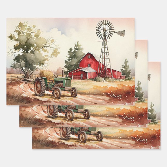 Landschaft mit roter Scheune und Traktor - Decoupa Geschenkpapier Set (Set)