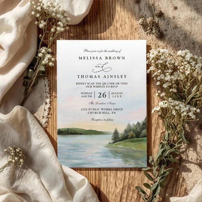 Landschaft mit rustikalem Waldsee Hochzeit QR-Code Einladung (Von Creator hochgeladen)