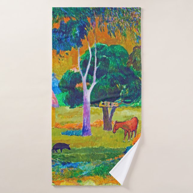 Landschaft mit Schweinefleisch und Pferd, Gauguin Badehandtuch (Badehandtuch)
