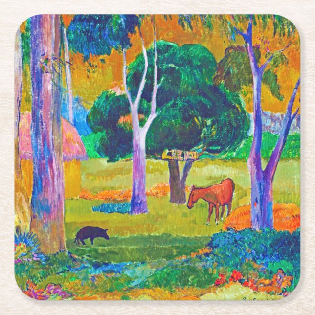 Landschaft mit Schweinefleisch und Pferd, Gauguin Rechteckiger Pappuntersetzer (Vorderseite)