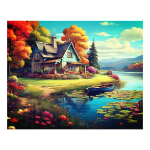 Landschaft mit See neben Hütte-4455 Fotodruck