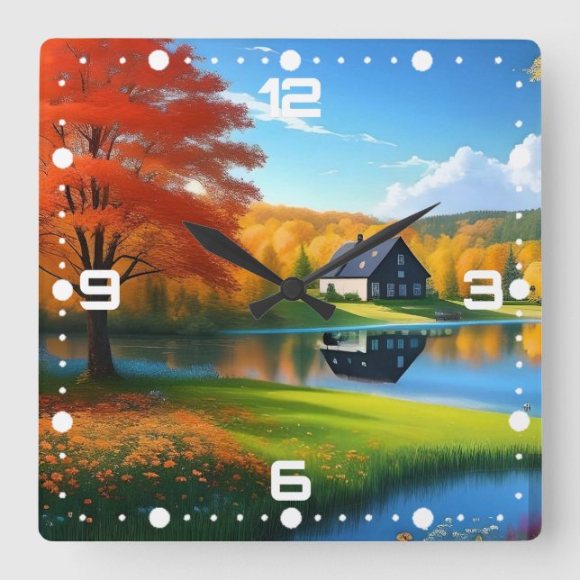 Landschaft mit See und Hütte Quadratische Wanduhr (Vorderseite)