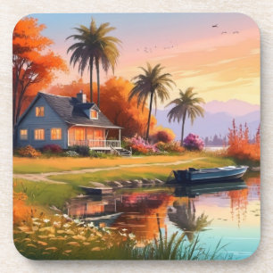 Landschaft mit See und Palmen-34219 Getränkeuntersetzer