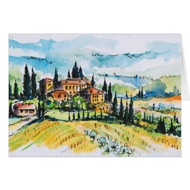 Landschaft mit Stadt- und Zypressenbäumen (Vorderseite (Horizontal))