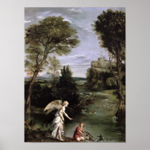 Landschaft mit Tobias, der Griff der Fische legt Poster