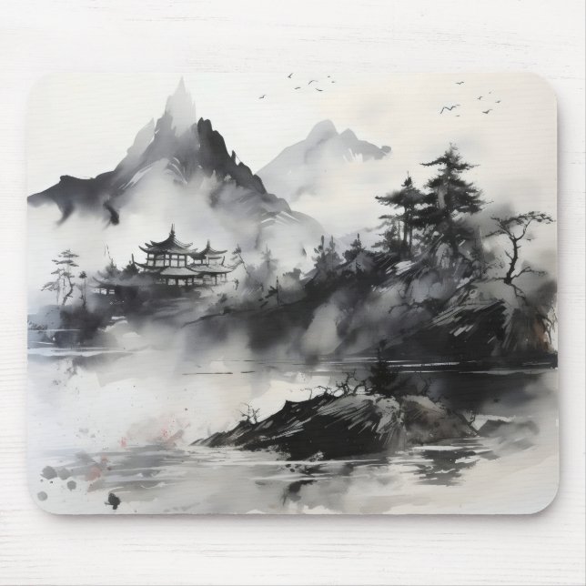 Landschaft Schwarze Tinte Malerei Mousepad (Vorne)