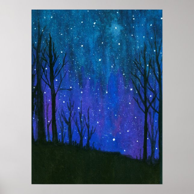 Landschaft Wasserfarbe Kunst Nacht Himmel Sterne U Poster (Vorne)