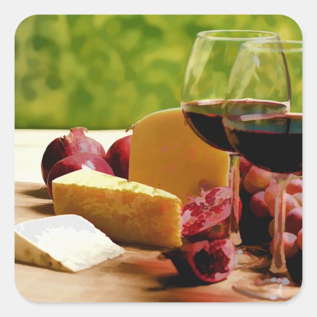 Landschaft Wein, Käse & Obst Quadratischer Aufkleber (Vorderseite)