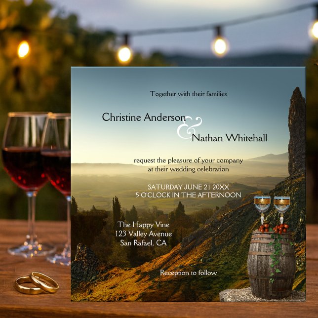Landschaft Weinberg Weinkultur und Erde Einladung (Wedding invitation featuring a painting of a wine barrel with glasses and grapes and landscape view)