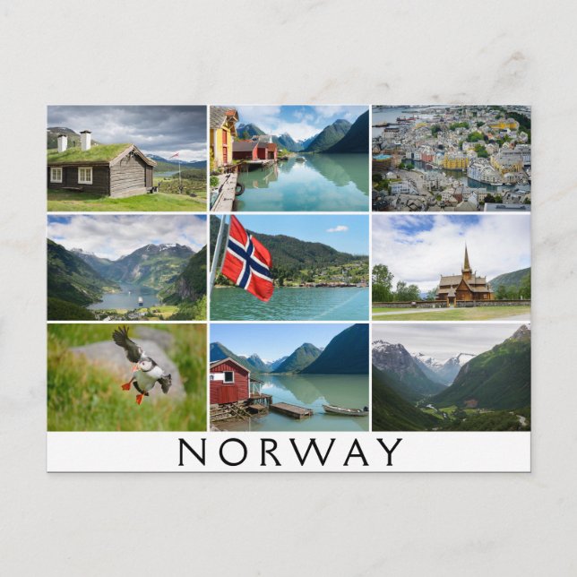 Landschaften und der Text: "Norwegen" in Kollage Postkarte (Vorderseite)