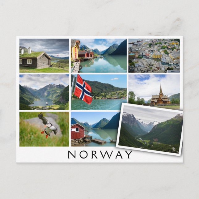 Landschaften und der Text: "Norwegen" in Kollage Postkarte (Vorderseite)