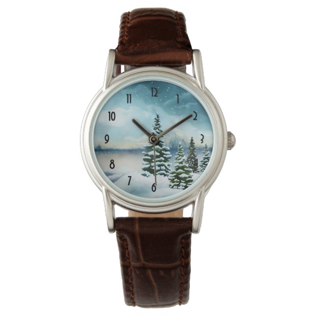 Landschaftlich Winter Wonderland Aquarellmalerei Armbanduhr (Vorderseite)