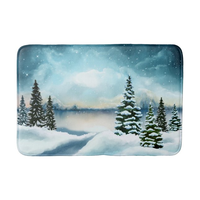 Landschaftlich Winter Wonderland Aquarellmalerei Badematte (Vorderseite)
