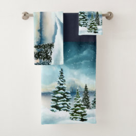Landschaftlich Winter Wonderland Aquarellmalerei Badhandtuch Set