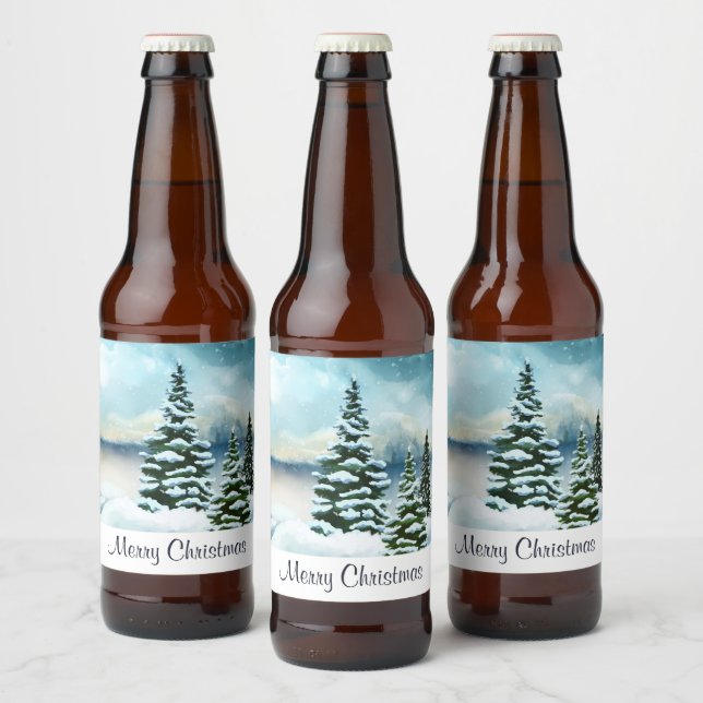 Landschaftlich Winter Wonderland Aquarellmalerei Bierflaschenetikett (Flaschen)