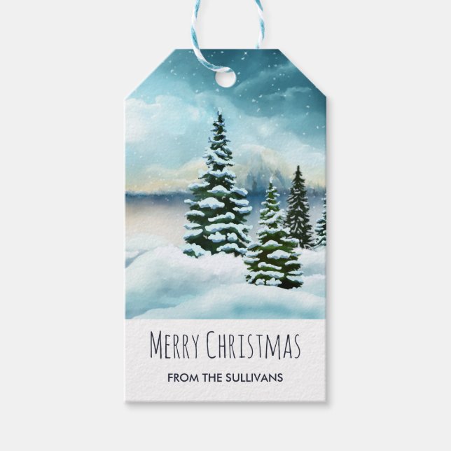 Landschaftlich Winter Wonderland Aquarellmalerei Geschenkanhänger (Vorderseite)