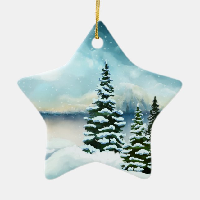 Landschaftlich Winter Wonderland Aquarellmalerei Keramik Ornament (Vorne)