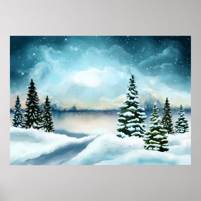 Landschaftlich Winter Wonderland Aquarellmalerei Poster (Vorne)