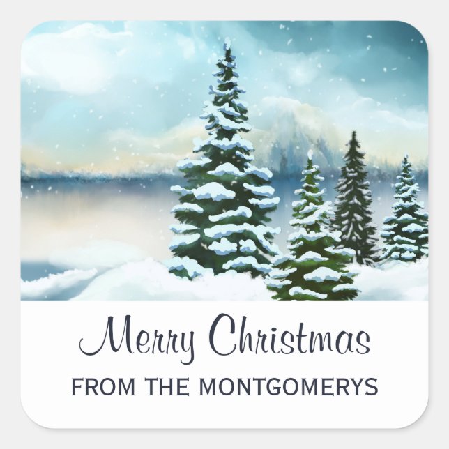 Landschaftlich Winter Wonderland Aquarellmalerei Quadratischer Aufkleber (Vorderseite)