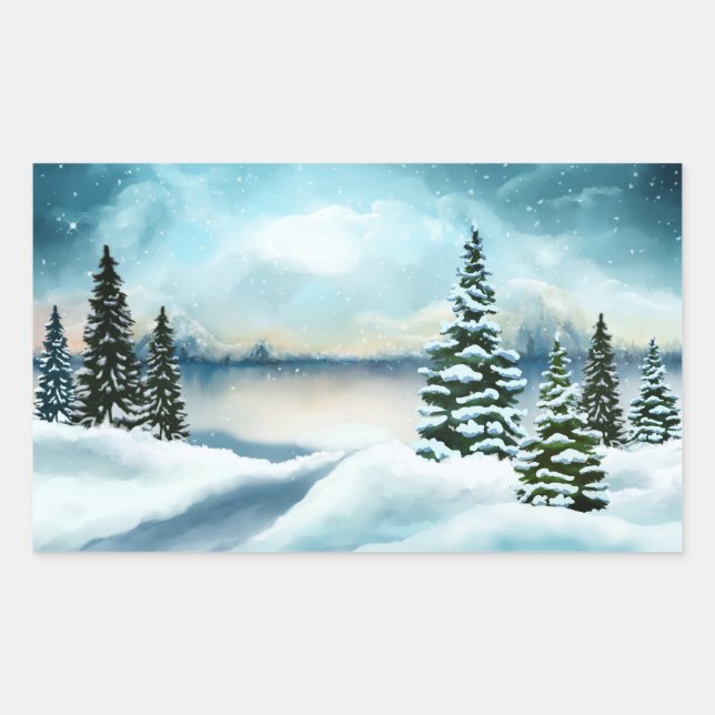 Landschaftlich Winter Wonderland Aquarellmalerei Rechteckiger Aufkleber (Vorderseite)