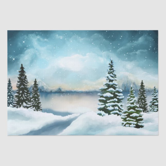 Landschaftlich Winter Wonderland Aquarellmalerei Seidenpapier (Vorderseite)
